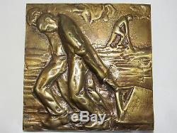 02c36 Série Plaques Sculpture Bas Relief Bronze Moisson Travail Champs Art Deco