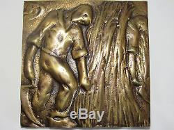 02c36 Série Plaques Sculpture Bas Relief Bronze Moisson Travail Champs Art Deco