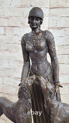 100% Véritable Bronze Art Déco Amis Toujours Dame Avec Chiens Statue Chiparus