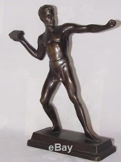 11d13 Ancienne Statue Sculpture Bronze Patine Nu Masculin Athlète Art Déco 1930