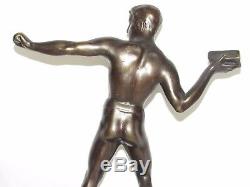 11d13 Ancienne Statue Sculpture Bronze Patine Nu Masculin Athlète Art Déco 1930