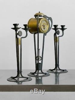 1900 1 Pendule & 2 Bougeoirs Art Nouveau Wiener Werkstatte Deco
