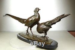 1920/1930 Av Becquerel Rare Gr Statue Sculpture Animaliere Bronze Couple Faisans