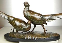 1920/1930 Av Becquerel Rare Gr Statue Sculpture Animaliere Bronze Couple Faisans