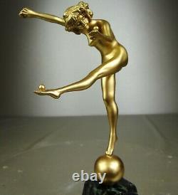 1920/1930 Cjr. Colinet Statue Sculpture Art Deco Bronze Dore Danseuse Nue Boules