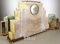 1920/1930 Fh Danvin Pendule Garniture Sculpture Art Deco Bronze Dore Argent Paon