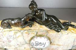 1920/1930 G. Lavroff Pendule Statue Sculpture Art Deco Bronze Femme Nue Levrier