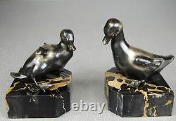 1920/1930 G Rischmann Paire Serre-livres Statue Sculpture Art Deco Bronze Canard