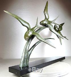 1920/1930 I Rochard Rare Grd Statue Sculpture Art Deco Bronze Hirondelles Oiseau