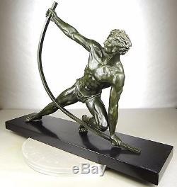 1920/1930 J De Roncourt Gr Rare Statue Sculpture Art Deco Bronze Athlete Bandeur