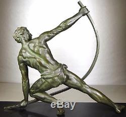 1920/1930 J De Roncourt Gr Rare Statue Sculpture Art Deco Bronze Athlete Bandeur