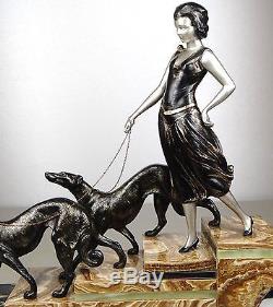 1920/1930 L Carvin Rare Statue Sculpture Art Deco Femme Barzoïs Levrier Elegante
