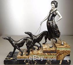 1920/1930 L Carvin Rare Statue Sculpture Art Deco Femme Barzoïs Levrier Elegante