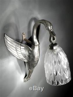 1920-30 France Applique Échassier Bronze Argenté Verre Pressé-moulé Art Déco