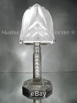1920-30 Muller Frères Belle Lampe Bronze Nickelé Et Verre Soufflé-moulé Art Déco