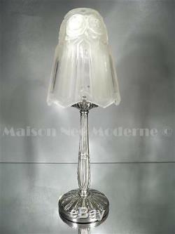 1925 P. Maynadier Lampe Bronze Argenté Verre Pressé-moulé Patiné Rose Art Déco