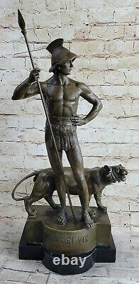 51 CM Art Déco Sculpture Guerrier Homme Tame Lion Bronze Statue Figurine De