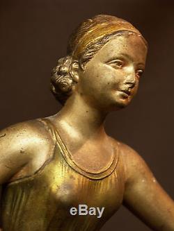 A 1900 statue groupe 58cm art nouveau dame 1900 chien statue régule bronze déco