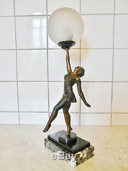 Ancienne Lampe Femme Regule Art Deco Signee Baleste Patine Bronze 1930/40
