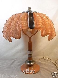 ANCIENNE LAMPE PATE VERRE BRONZE ART DECO BUREAU COQUILLAGE BENITIER DESIGN 1930