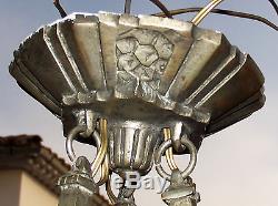 ANCIENNE LAMPE SUSPENSION PLAFONNIER A 3 BRANCHES EN BRONZE ARGENTE ART DECO