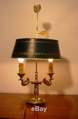 Adorable Petite Lampe Bouillotte Deux Feux Cygnes Style Empire Bronze Dore