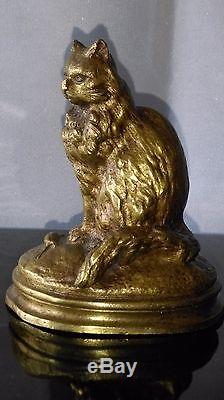 Ancien Sujet En Bronze Animalier Chat Assis Près D'une Souris Mascotte