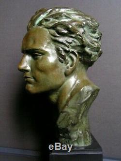 Ancien buste en bronze art deco representant l'aviateur Jean Mermoz