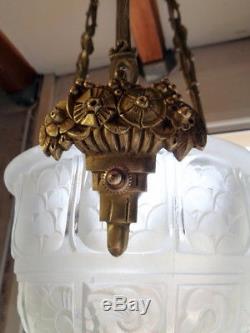 Ancien lampe Lustre Suspension Bronze Art Déco Globe Obus Muller Degué