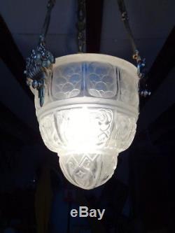 Ancien lampe Lustre Suspension Bronze Art Déco Globe Obus Muller Degué