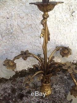 Ancien lustre bronze doré tulipe fleur pâte verre, art nouveau déco floral, XIXE