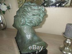 Anciengrand buste Art Déco Jean Mermoz en régule à patine vert bronze aviation