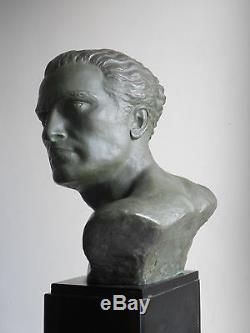 Ancienne Grande Sculpture Art Deco en Bronze Buste Mermoz Aviateur L. GIBERT