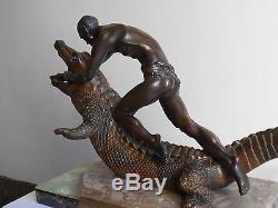 Ancienne Grande Sculpture Statue Art Deco-Nu Masculin Crocodile-Patine Bronze