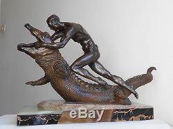 Ancienne Grande Sculpture Statue Art Deco-Nu Masculin Crocodile-Patine Bronze