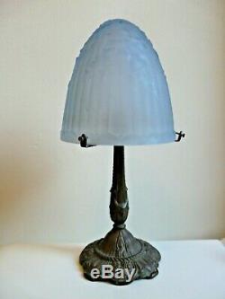 Ancienne Lampe Champignon Art Deco Pied Bronze Dome Verre Presse Moule Bleu