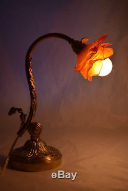 Ancienne Lampe De Bureau En Bronze Et Pate De Verre