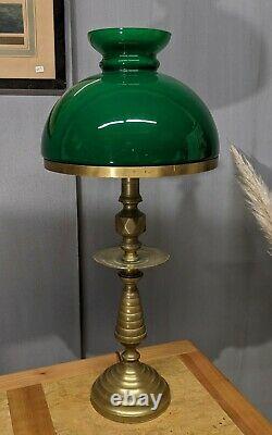 Ancienne Lampe de bureau opaline verte pied bronze art déco