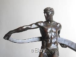 Ancienne Sculpture Statue Art Deco Bronze Nu Masculin M. GUIRAUD RIVIERE 64cm