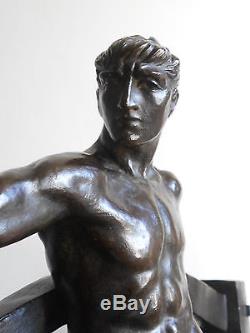 Ancienne Sculpture Statue Art Deco Bronze Nu Masculin M. GUIRAUD RIVIERE 64cm