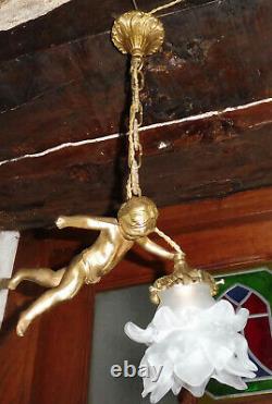 Ancienne suspension lustre bronze angelot putto milieu XXème siècle