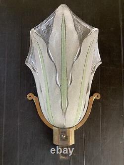 Applique EZAN Feuille à nervures verte monture bronze Art déco