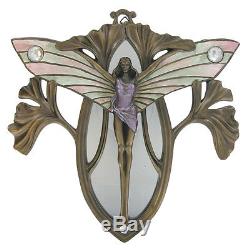 Art Deco Bronze Fairy Women With Wings Crystal Wall Mirror H26cm 01502
