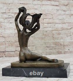 Art Déco Érotique Bronze Femelle Nue Statue Figurine Fonte Fille Sculpture Chair