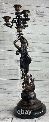 Art Déco Extra Large Fille Bougeoir Candélabre Bronze Sculpture Solde