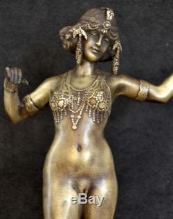 Art Déco Figure de Bronze Orientale Danseuse Signé Prix sur Socle en Marbre