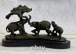 Art Déco Fonte Éléphant Famille Avec Arbre Bronze Sculpture Marbre Statue Cadeau