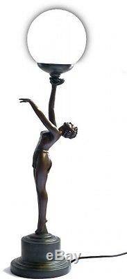 Art Deco Lamp Standing Bronze Athletic Woman With White Globe Shade 67 cm