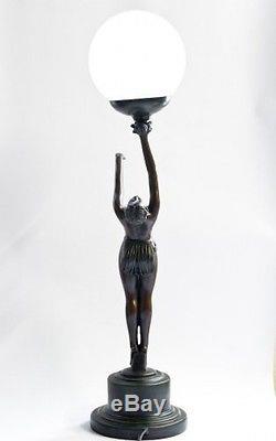 Art Deco Lamp Standing Bronze Athletic Woman With White Globe Shade 67 cm