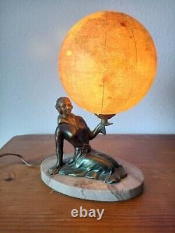 Art Deco Lampe Bronze Marbre Globe Terrestre Perrina Ancien